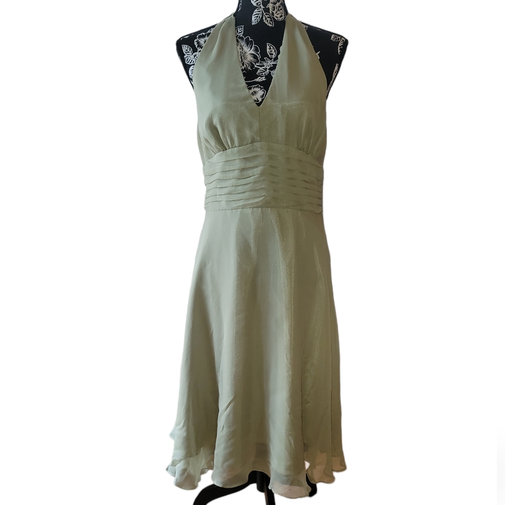 NWT Amanda Lane 100% Silk Womens halter pleated empire waist ruffle dress sz 12